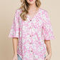 BOMBOM Floral Decorative Button V-Neck Top