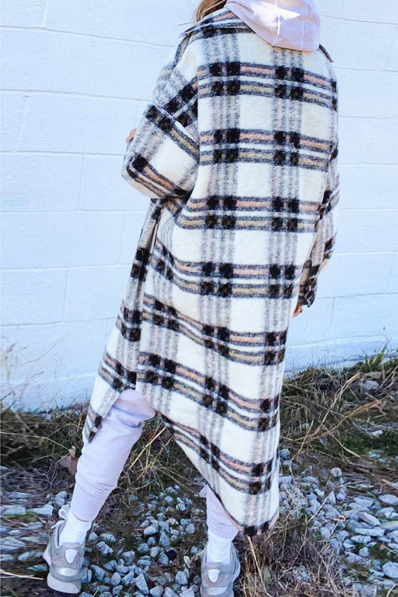 MeiMei Pocketed Plaid Long Sleeve Coat