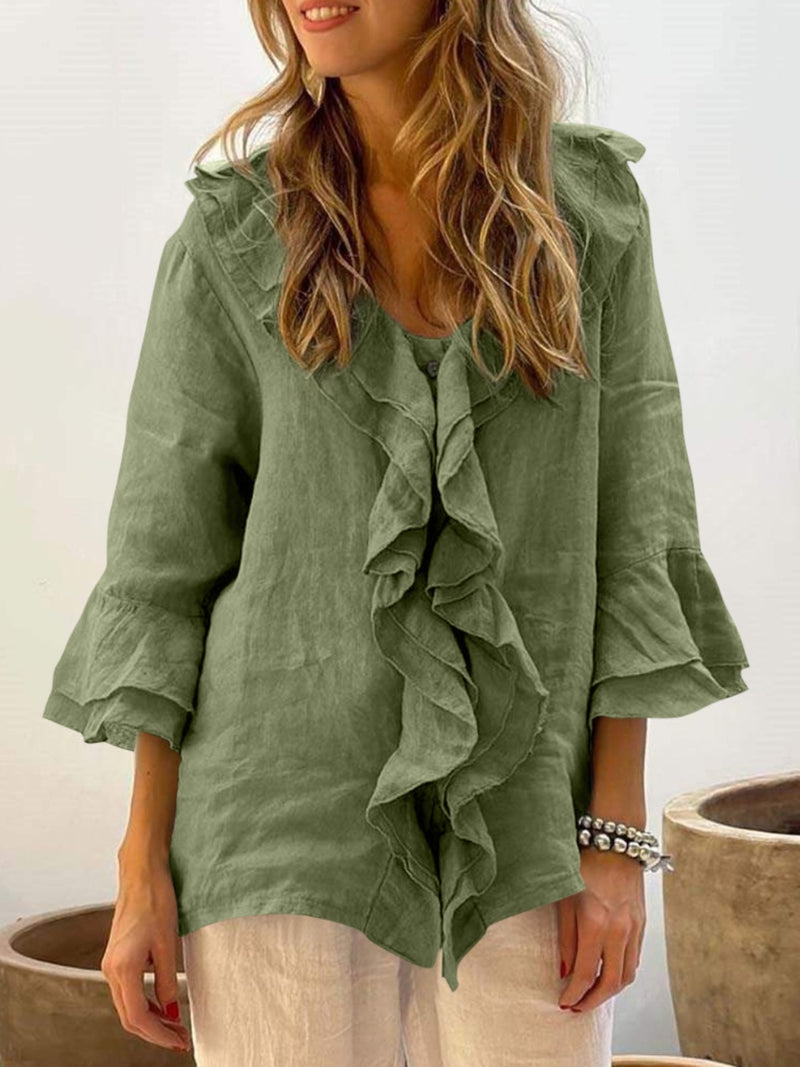 Full Size Ruffled V-Neck Flounce Sleeve Blouse Matcha Green