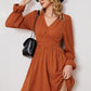 Swiss Dot Ruched V-Neck Flounce Sleeve Dress