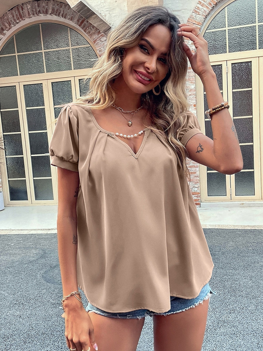 Ivy Lane Pearl Detail Notched Short Sleeve Blouse Camel