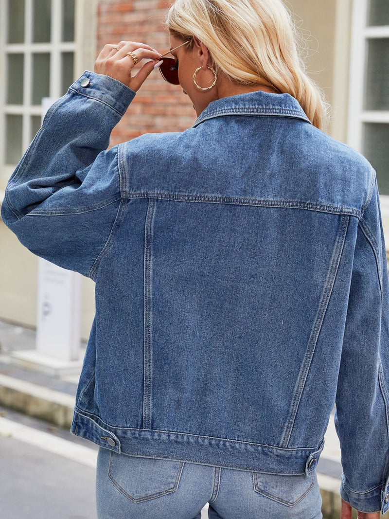 Pocketed Collared Neck Denim Jacket