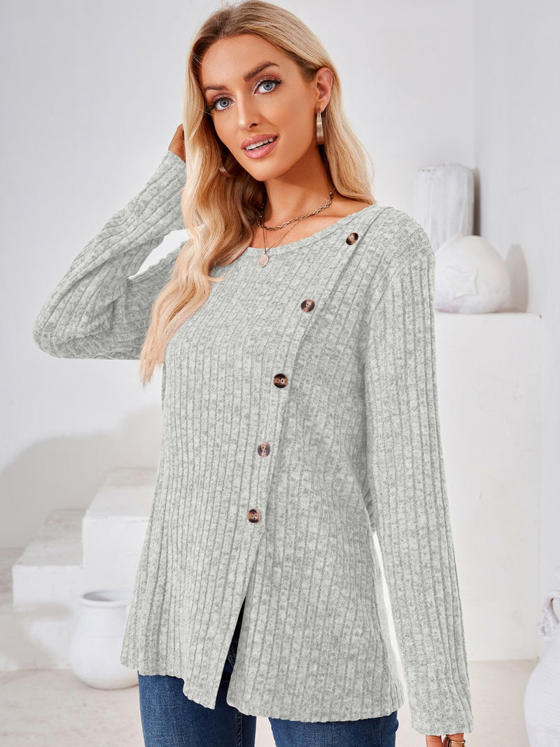 Ribbed Buttoned Round Neck Slit T-Shirt Light Gray