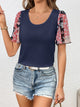 Ivy Lane Printed Puff Sleeve Round Neck Tee Dark Blue