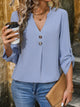 Perfee Notched Roll-Tab Sleeve Blouse Light Blue