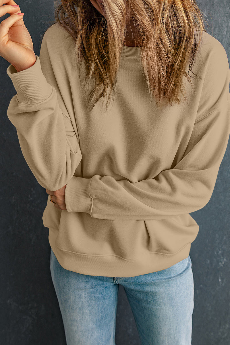 Round Neck Dropped Shoulder Sweatshirt Khaki
