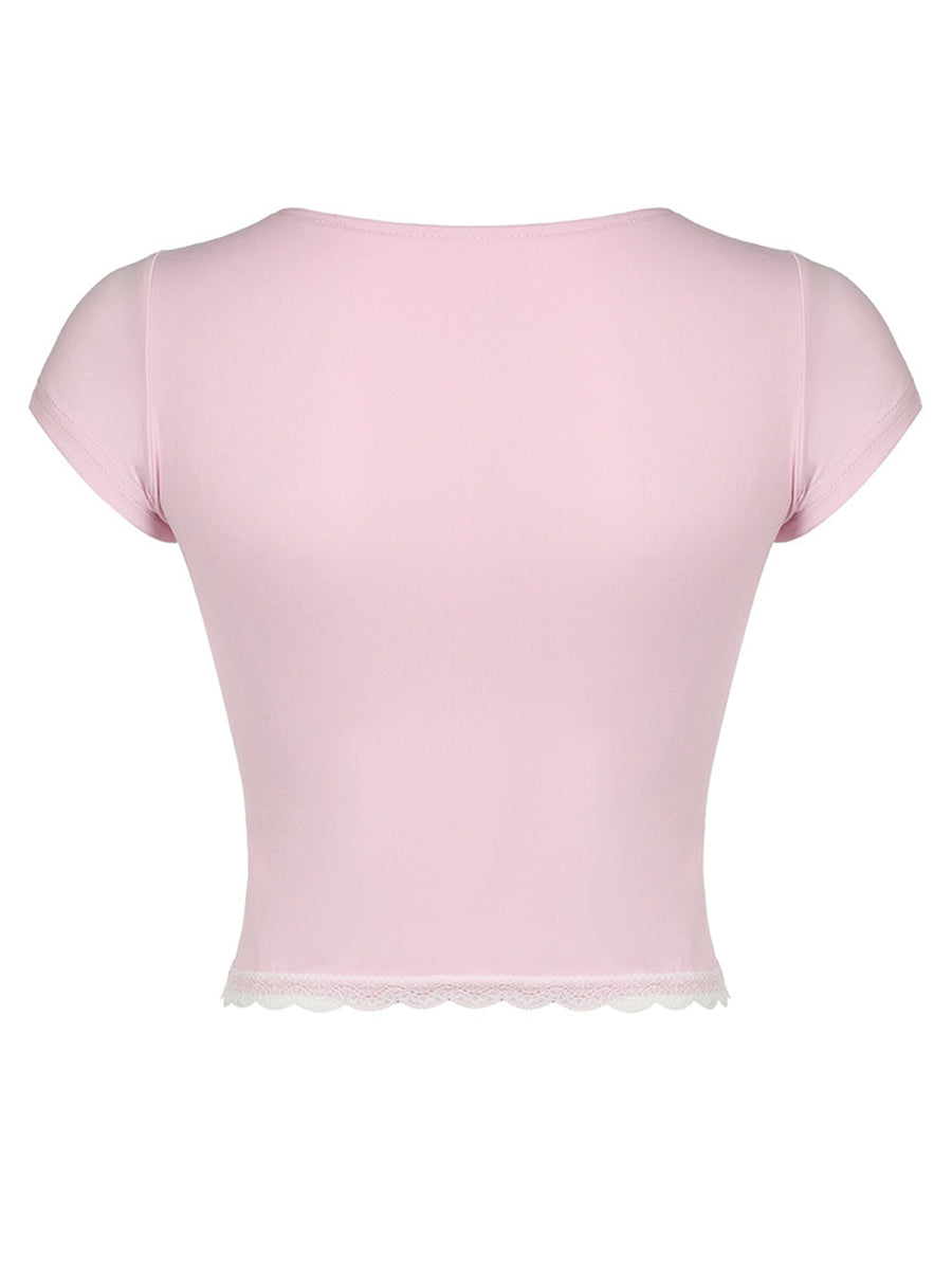 Lace Detail Sweetheart Neck Short Sleeve T-Shirt