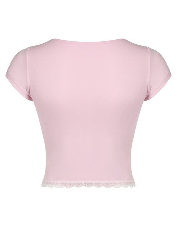 Lace Detail Sweetheart Neck Short Sleeve T-Shirt