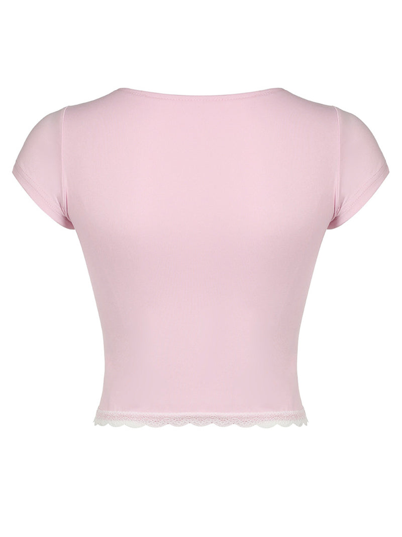 Lace Detail Sweetheart Neck Short Sleeve T-Shirt