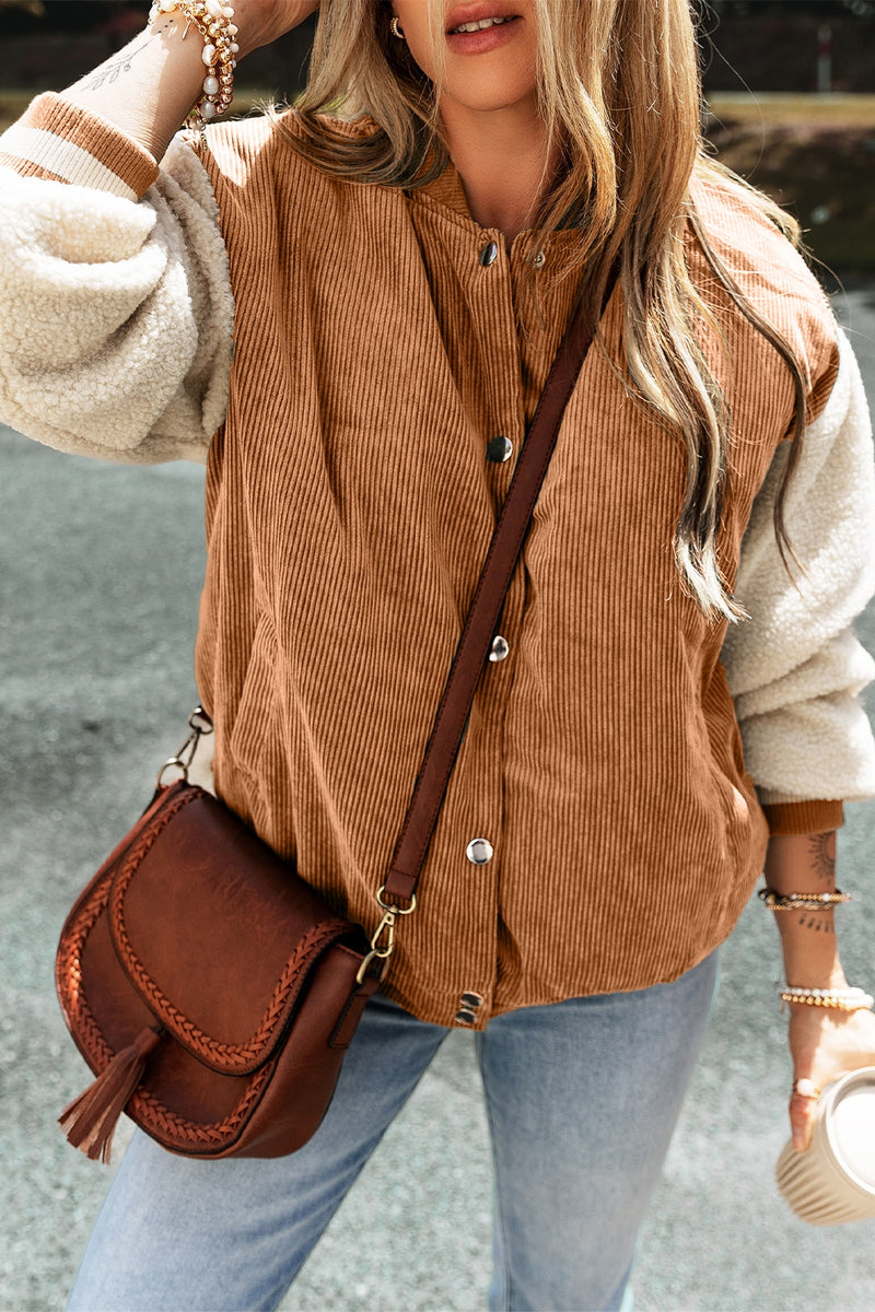 Contrast Baseball Collar Snap Down Long Sleeve Jacket Terracotta
