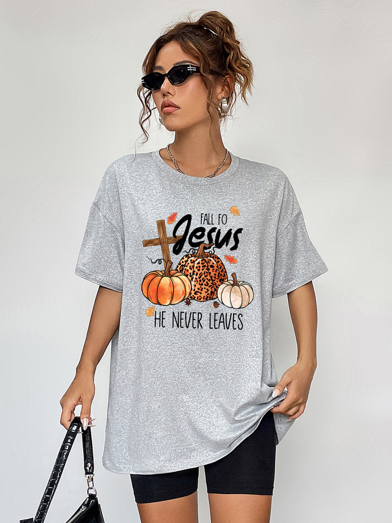 Round Neck Short Sleeve Fall Season Graphic T-Shirt Cloudy Blue