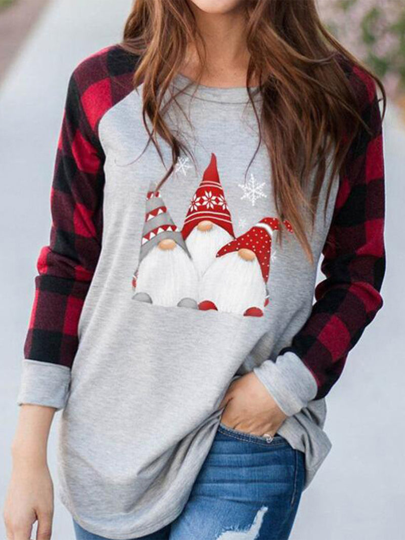 Full Size Graphic Plaid Round Neck Long Sleeve T-Shirt Light Gray