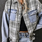 Plaid Pocketed Snap Down Denim Jacket