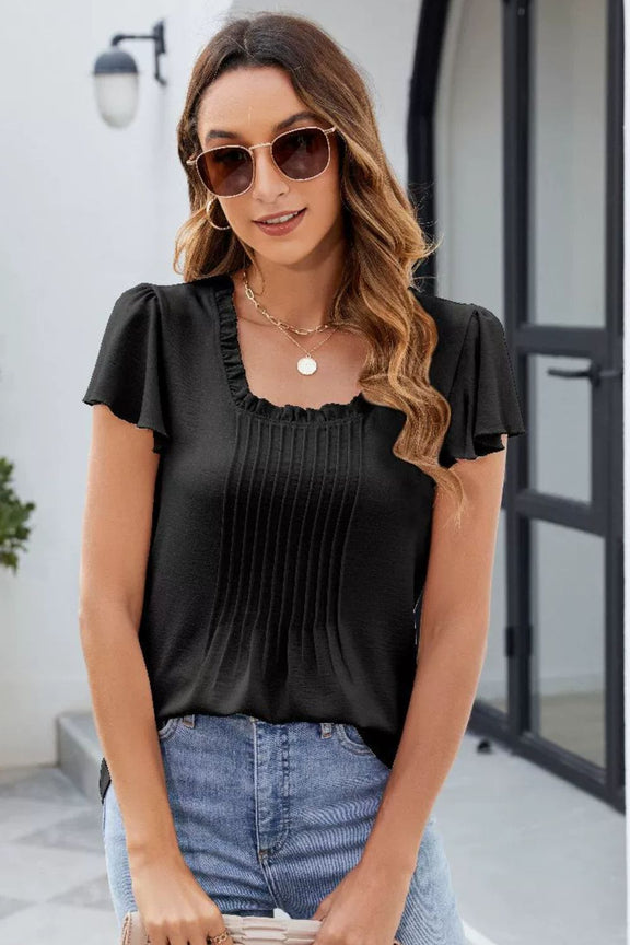 Frill Square Neck Flutter Sleeve Blouse Black