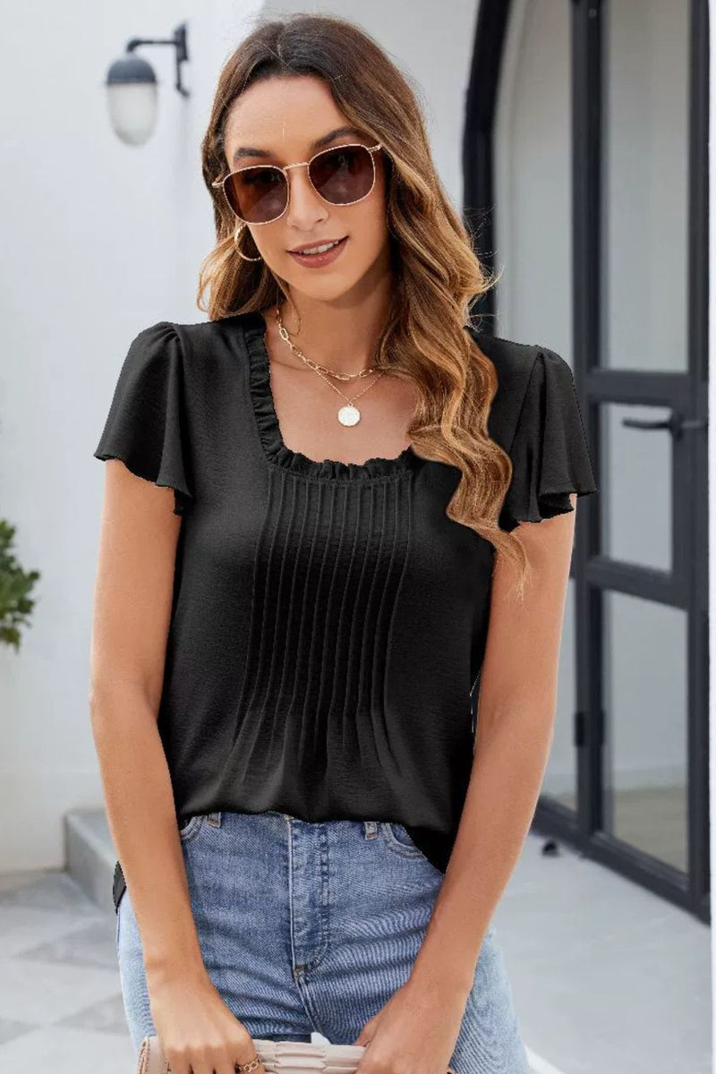Frill Square Neck Flutter Sleeve Blouse Black