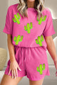Waffle-Knit Round Neck Top and Shorts Set Cerise