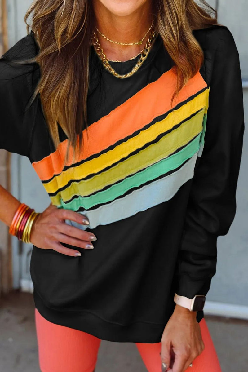 Contrast Round Neck Long Sleeve Sweatshirt Black