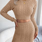 Cable-Knit Round Neck Top and Skirt Sweater Set