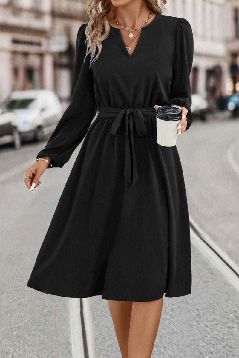 Tie Waist Notched Neck Long Sleeve Dress Black