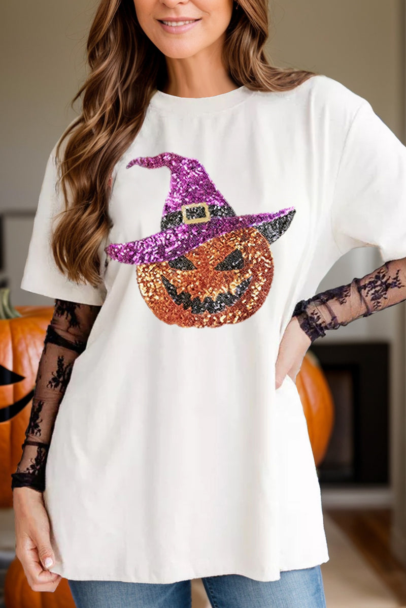 Sequin Pumpkin Round Neck Short Sleeve T-Shirt White
