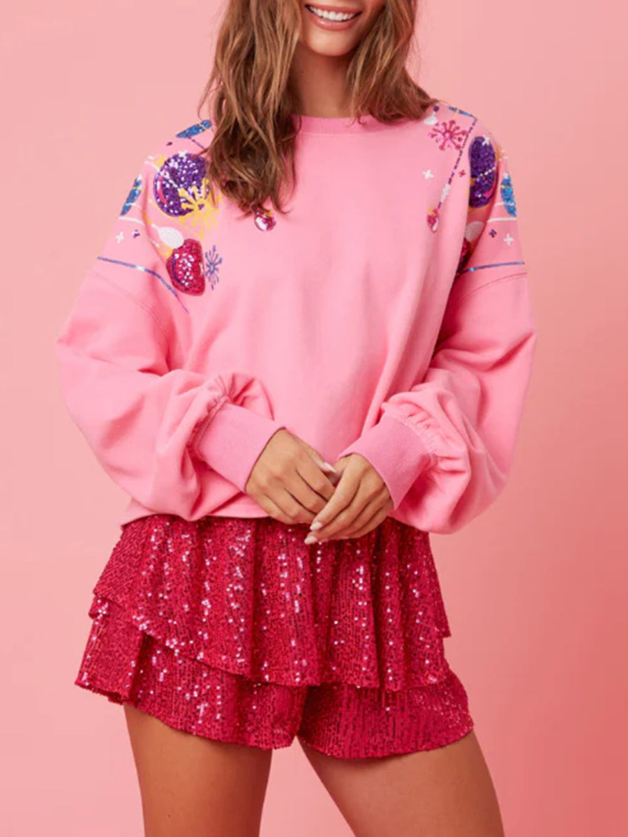 Sequin Round Neck Dropped Shoulder Sweatshirt Pink