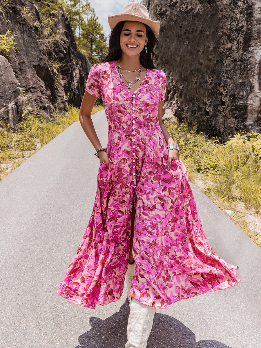 Floral V-Neck Slit Dress Hot Pink