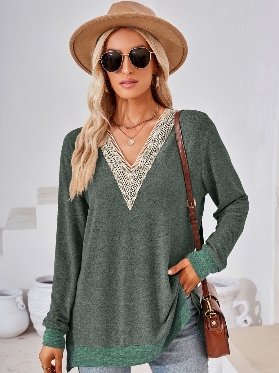 Crochet Contrast V-Neck Long Sleeve Slit T-Shirt Army Green