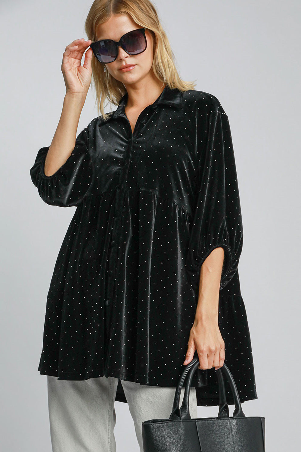 Umgee Full Size Polka Dot Button Up Half Sleeve Shirt Black