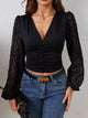 Lace Patchwork Plunge Long Sleeve Blouse Black