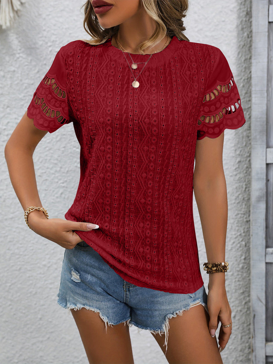 Full Size Eyelet Round Neck Short Sleeve Top Burgundy