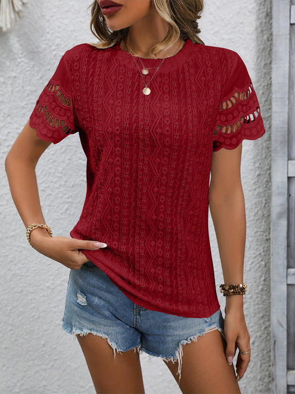 Full Size Eyelet Round Neck Short Sleeve Top Burgundy
