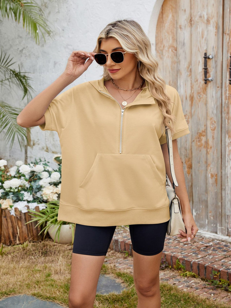 Half Zip Short Sleeve Hooded Top Mustard