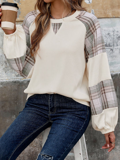Perfee Plaid Round Neck Long Sleeve Sweatshirt Cream