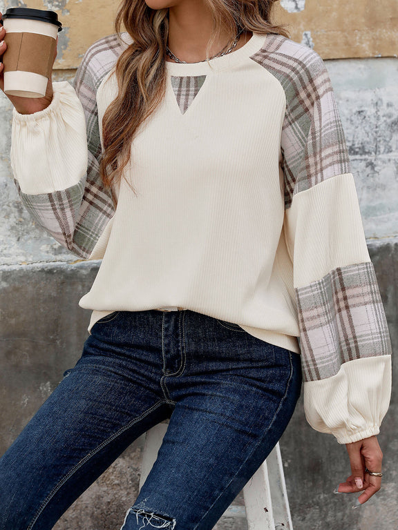 Perfee Plaid Round Neck Long Sleeve Sweatshirt Cream
