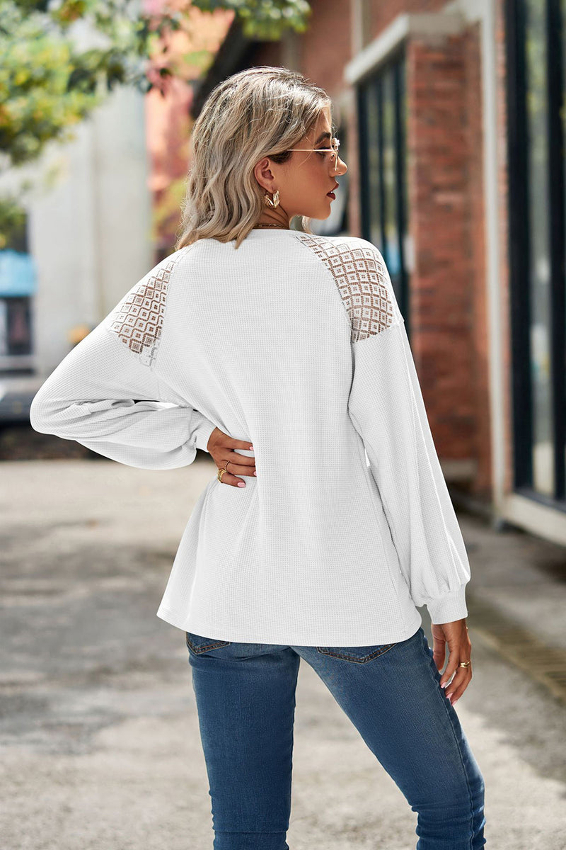 Round Neck Dropped Shoulder Eyelet Top