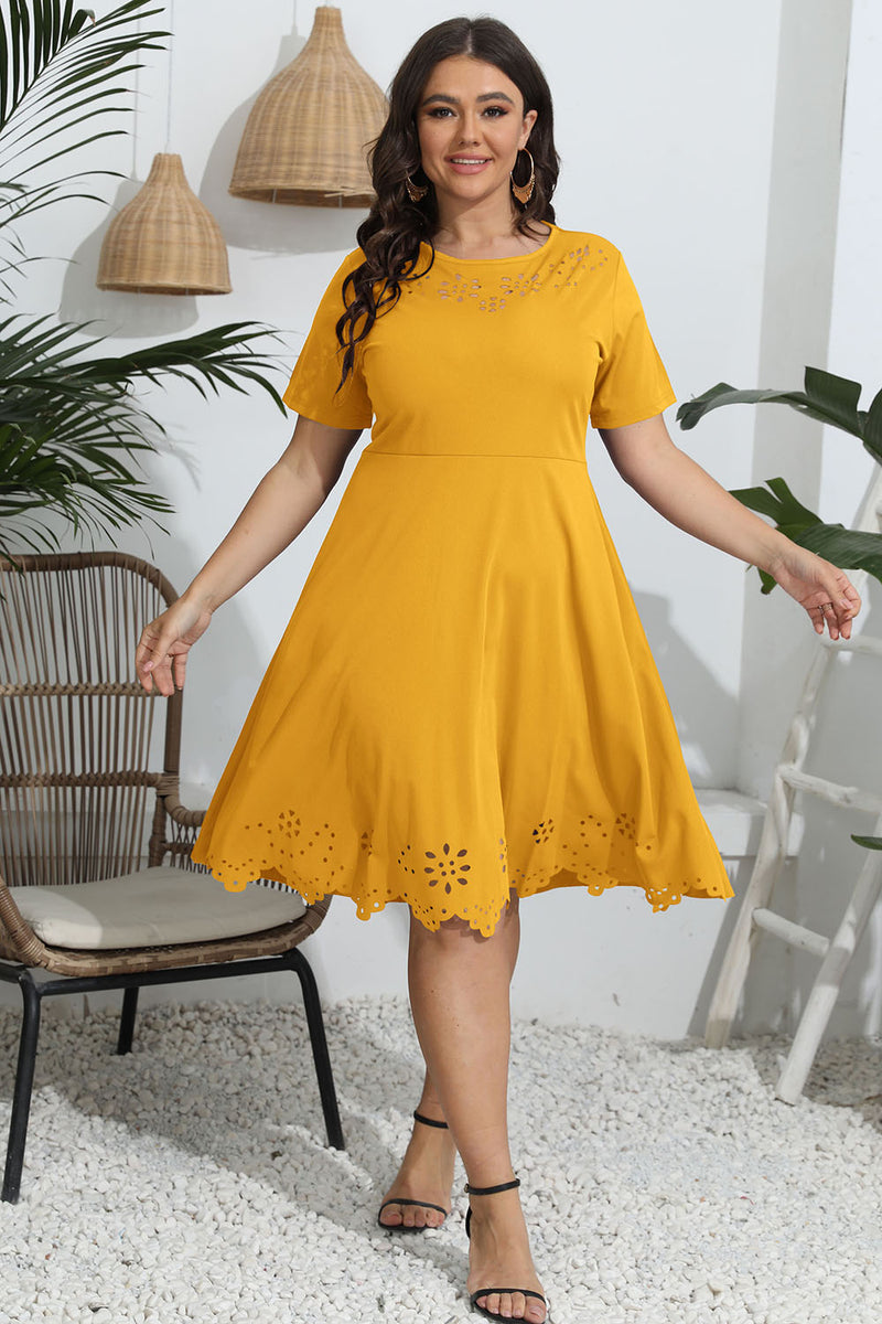 Plus Size Round Neck Openwork Dress Mustard