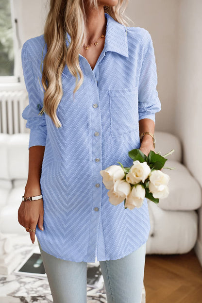 Devine Collared Neck Long Sleeve Pocketed Shirt Light Blue