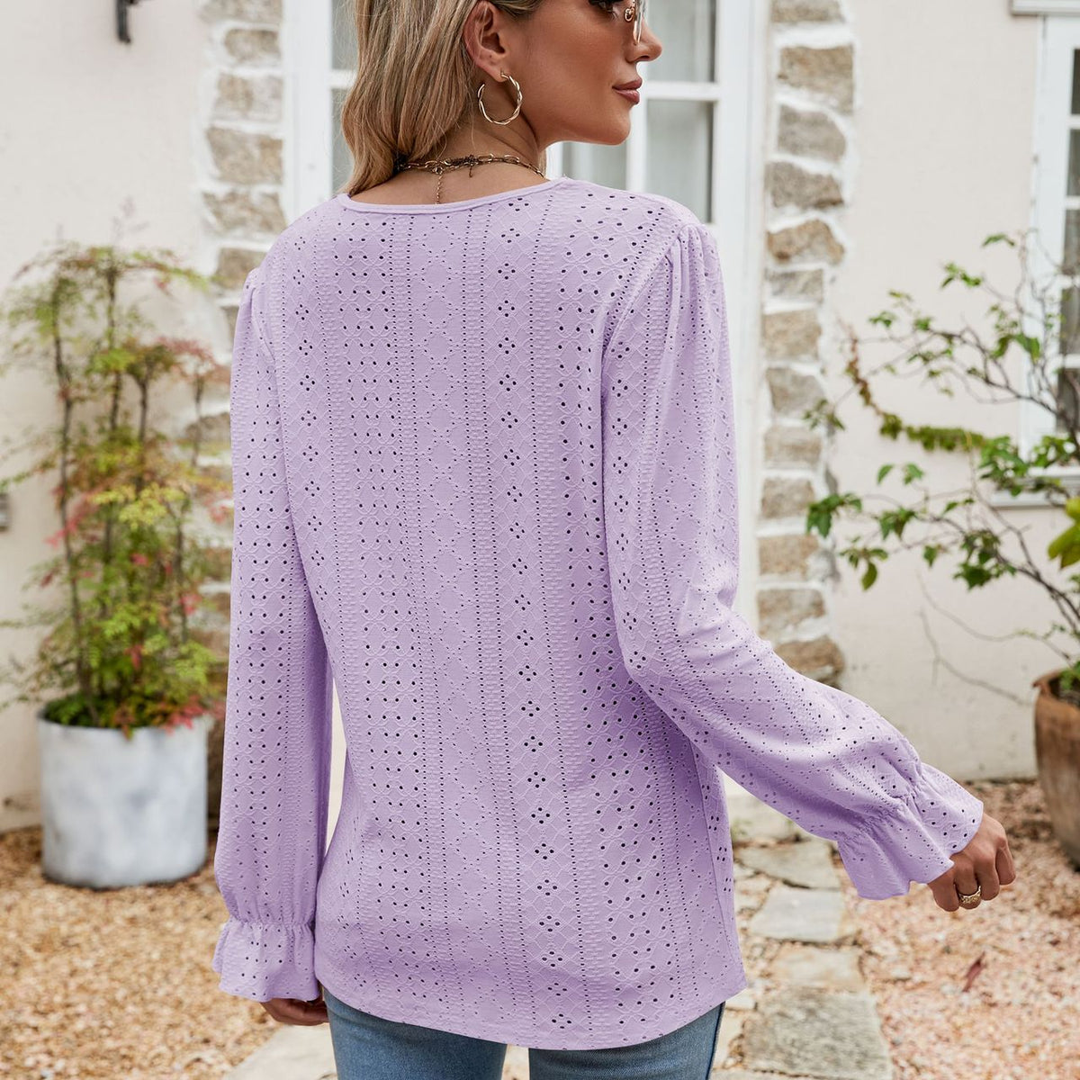 Eyelet Lace Trim Flounce Sleeve Blouse