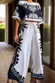 Printed Half Sleeve Top and Wide Leg Pants Set White