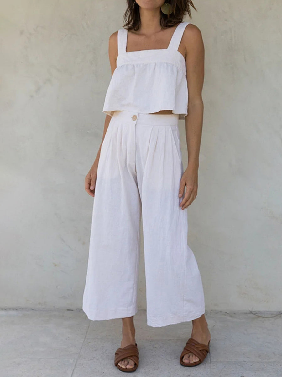 Square Neck Wide Strap Top and Pants Set White