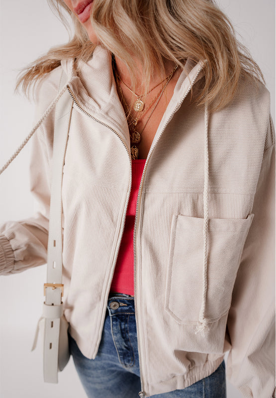 Pocketed Zip Up Long Sleeve Hooded Jacket Cream