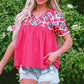 Embroidered Tie Neck Short Sleeve Blouse