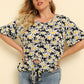 Plus Size Floral Round Neck Tie Hem Blouse