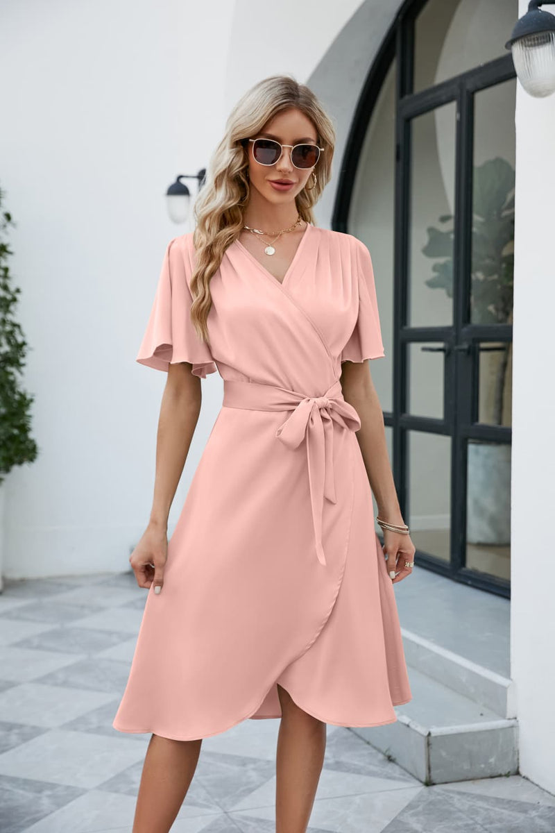 Tie Waist Flutter Sleeve Surplice Dress Watermelon pink