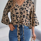 Tied Button Up Leopard V-Neck Blouse