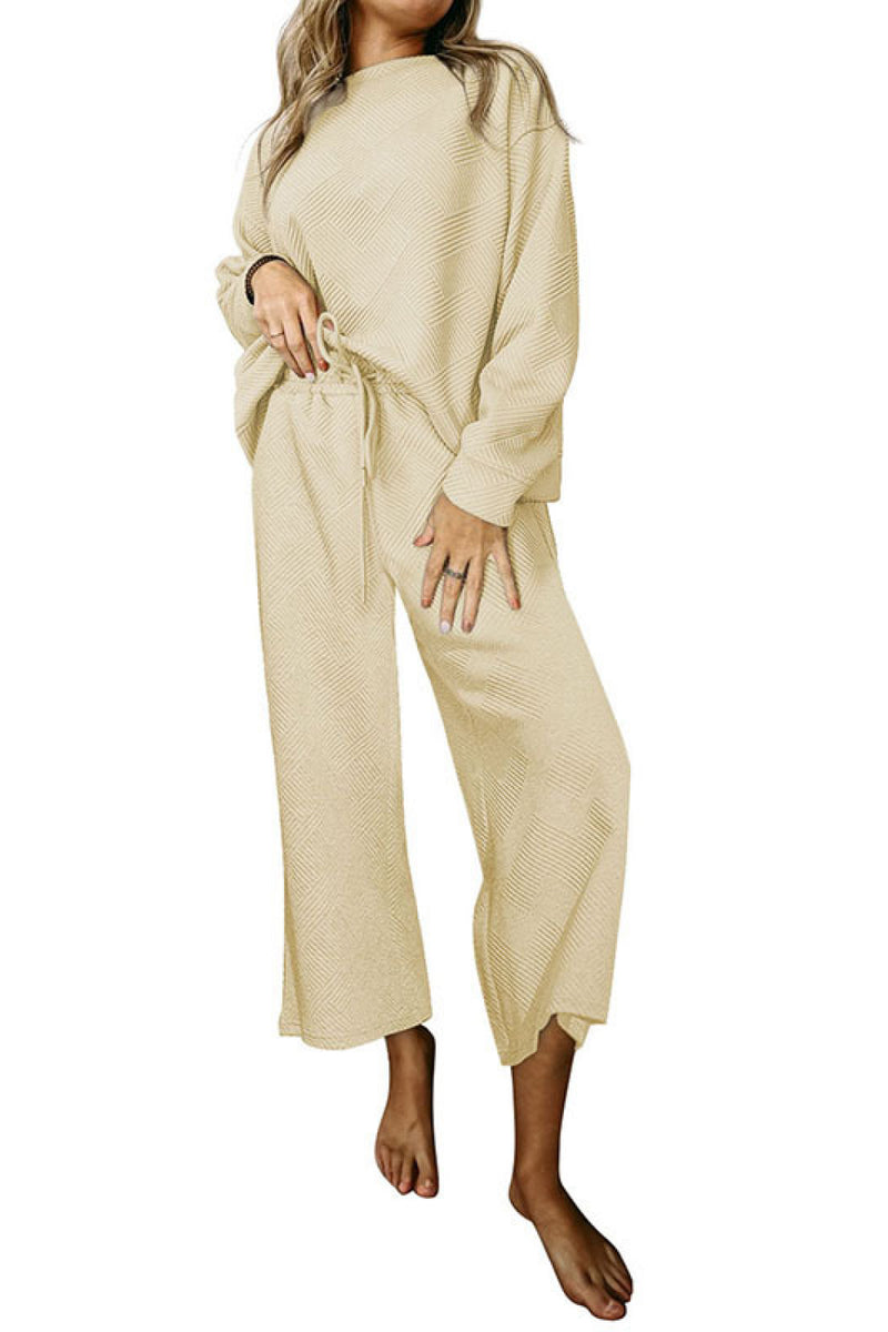 Dropped Shoulder Top and Pants Set Beige