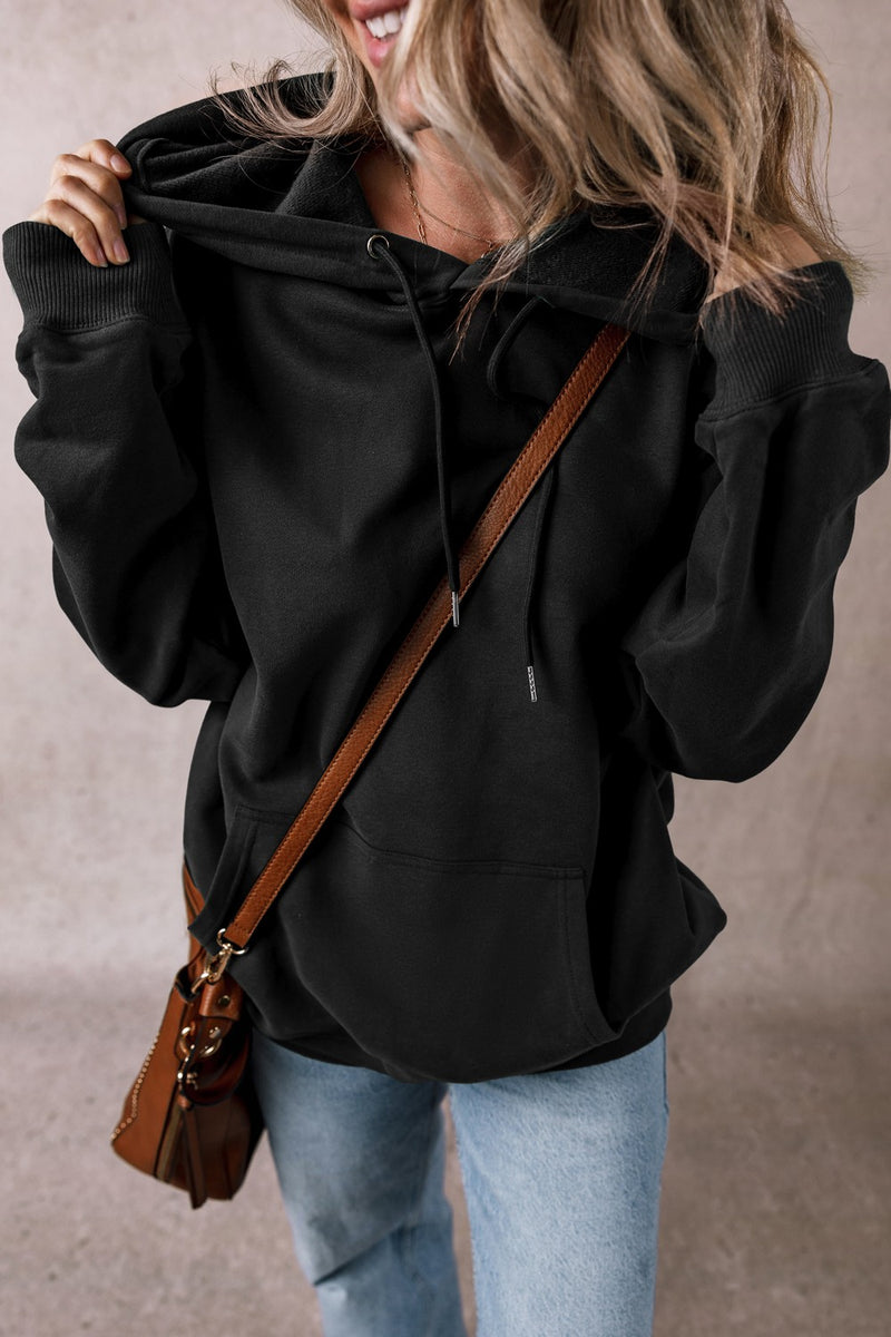 Drawstring Pocketed Long Sleeve Hoodie Black
