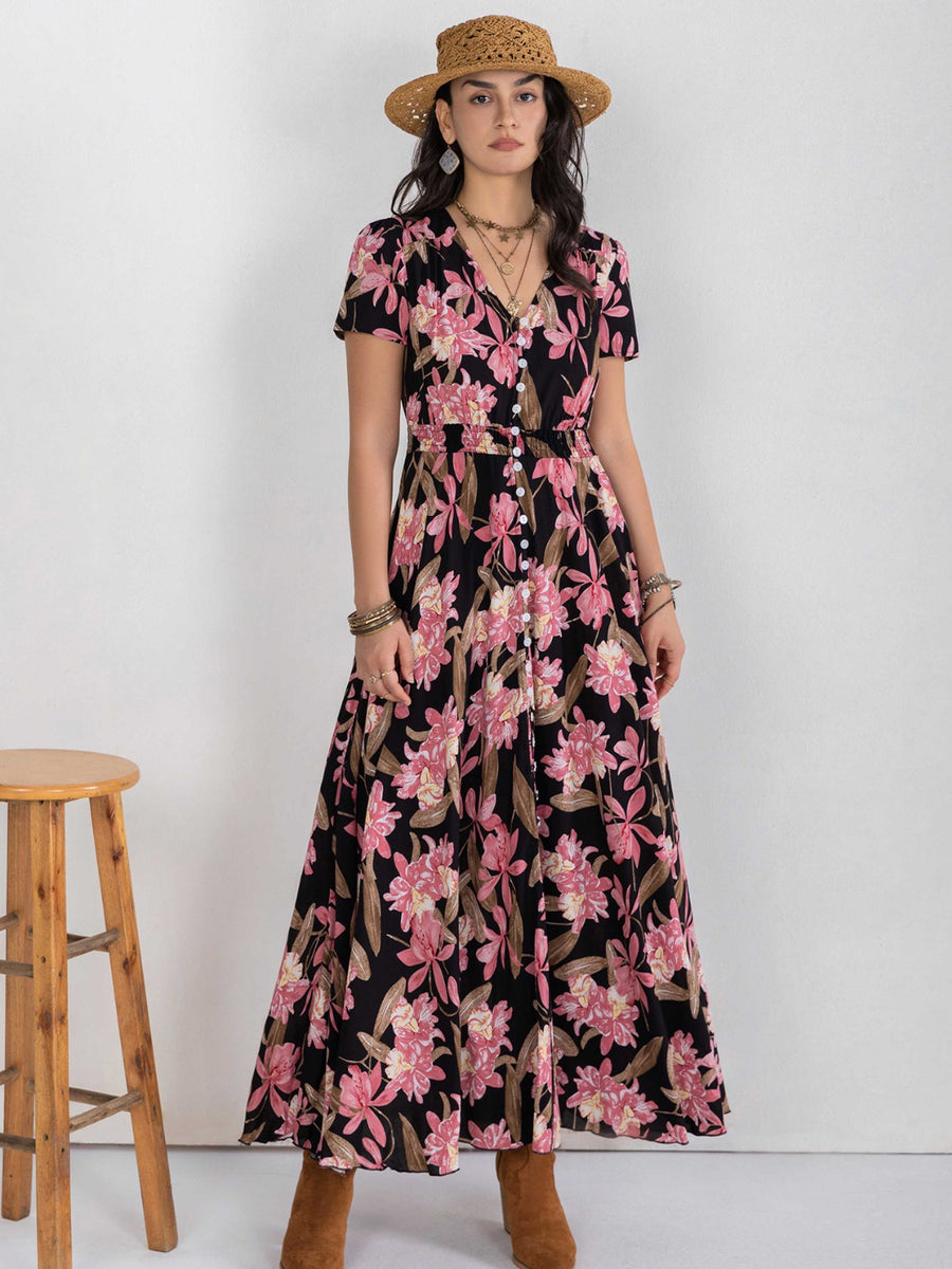 Floral V-Neck Slit Dress Black