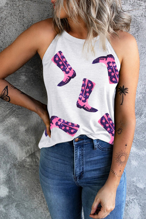Sequin Boots Print Round Neck Tank White