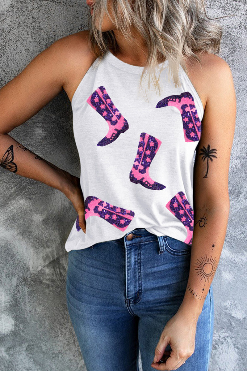 Sequin Boots Print Round Neck Tank White